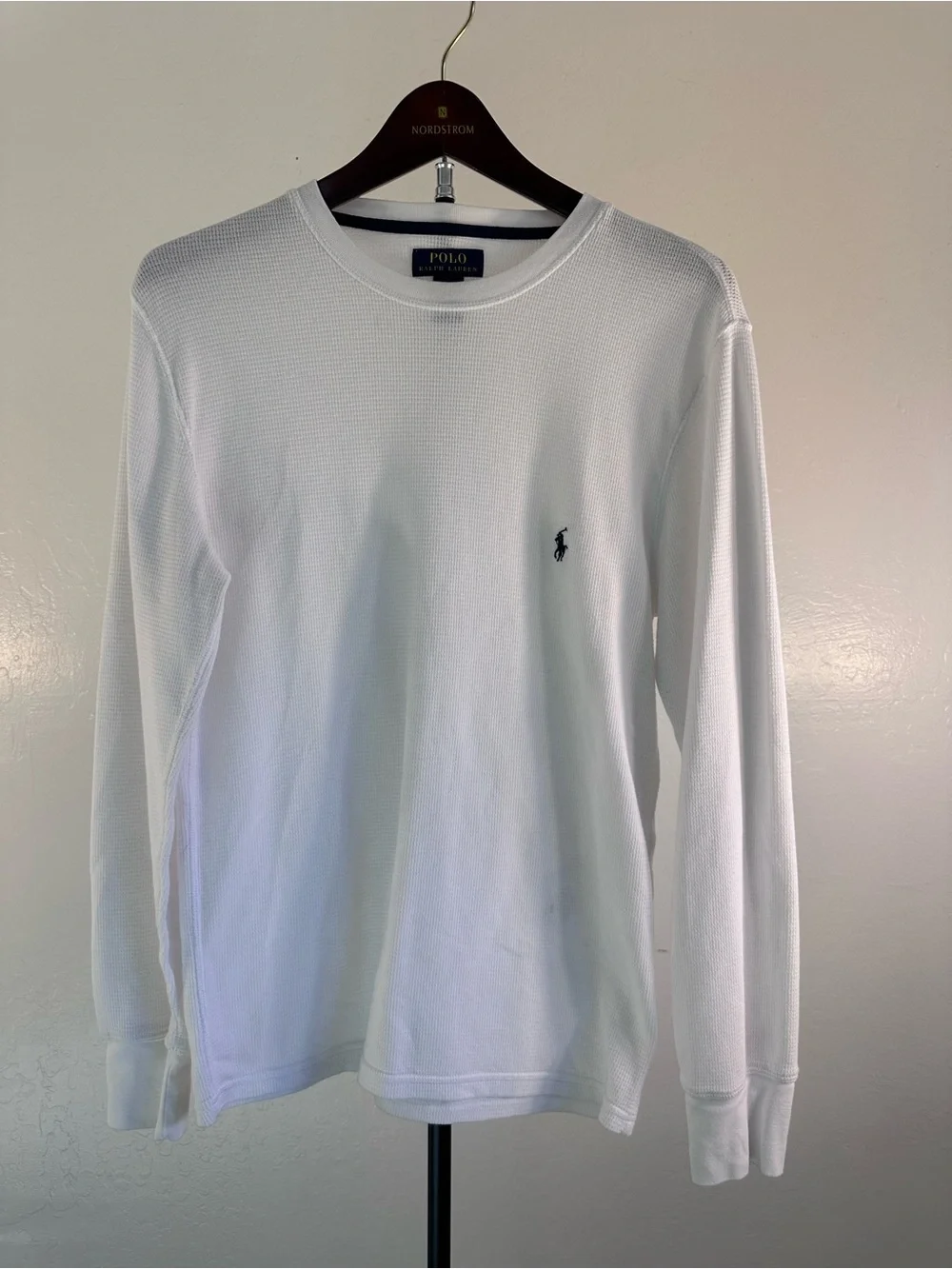 Polo by Ralph Lauren White Long-Sleeve Waffle Knit Tee with Navy Pony